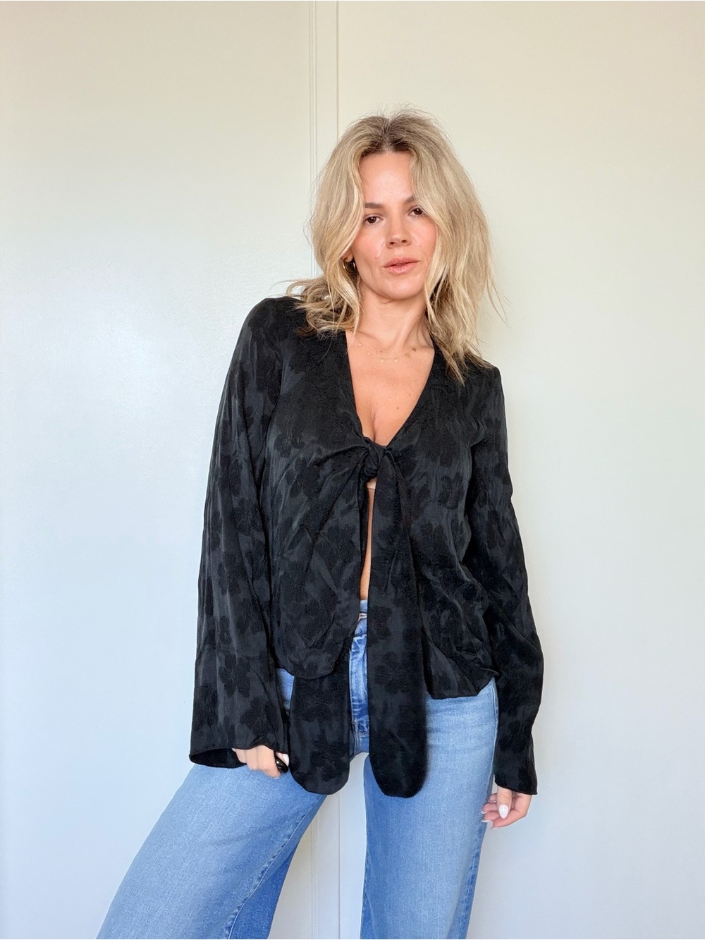 New Djerf Avenue Tie Top Long Sleeve Black